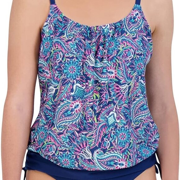 CARIBBEAN JOE BLUE PINK FLORAL RUCHED HIGH-CUT TANKINI 2-PC SET SIZE 12 NWT - Picture 1 of 12